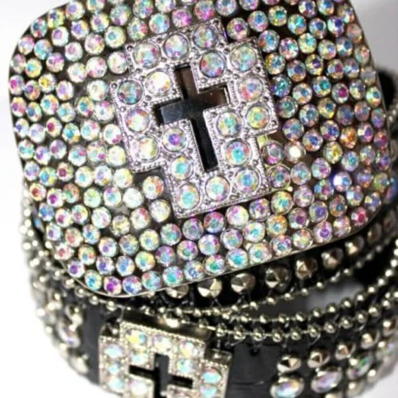 Western Black Bling Cross Belt & Buckle Aurora Borealis AB  display picture 3